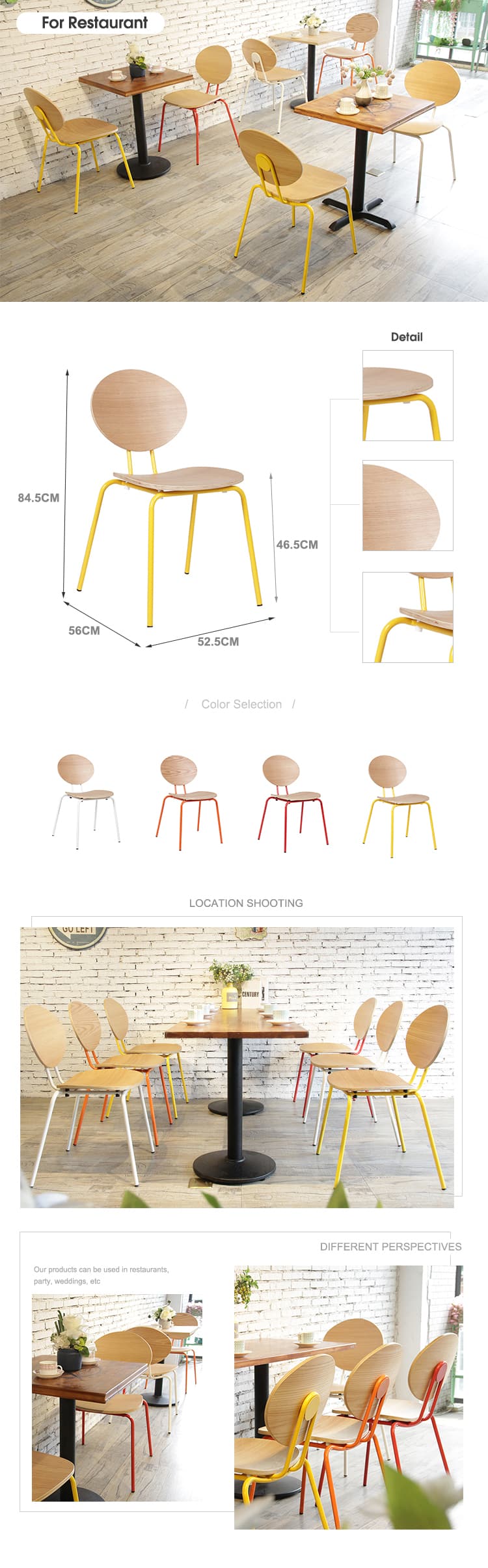Colourful Antique Minimalist Metal Frame Wood Seat Restaurant Dining Chair 798(M)-H45(79)-STW