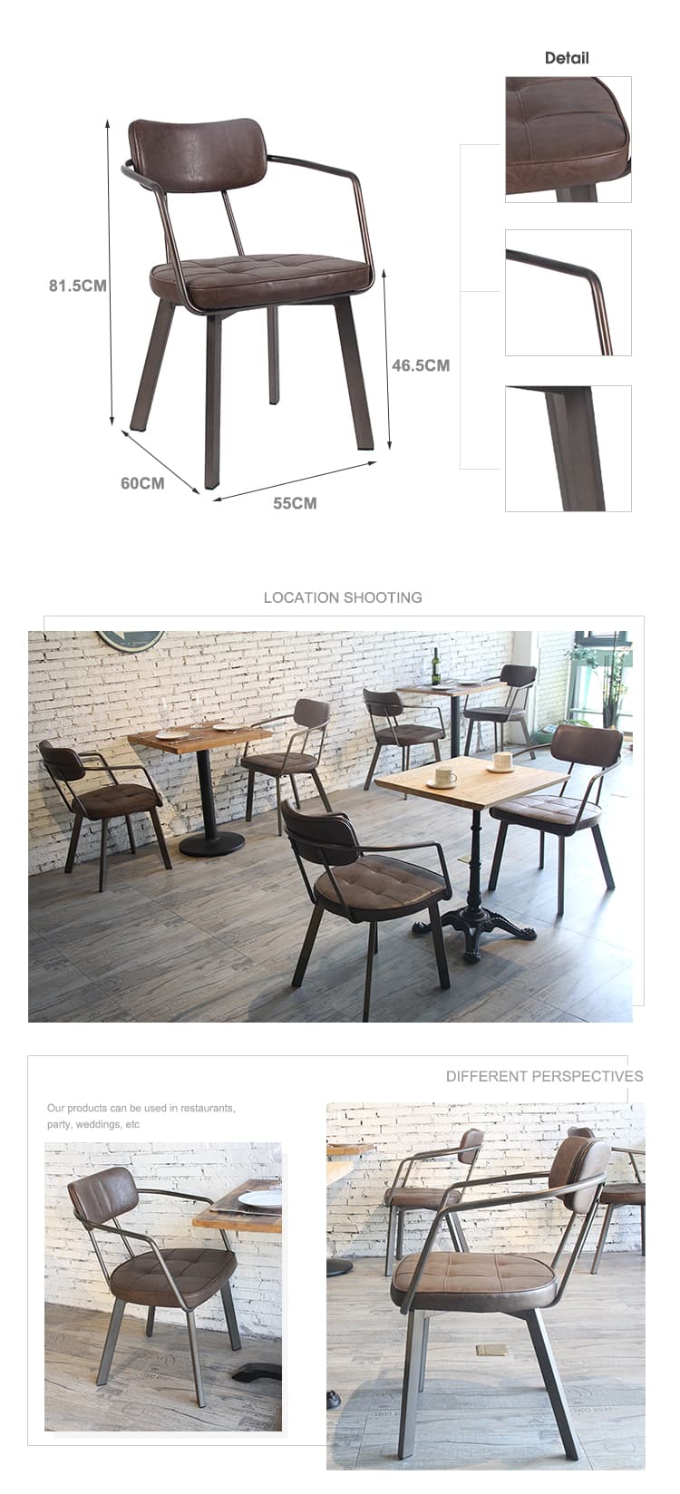 Chaise de salle à manger en cuir véritable marron tissé italien avec cadre en métal 795M-H45-STPU (1)