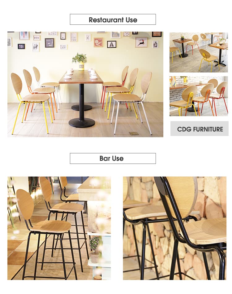 Colourful Antique Minimalist Metal Frame Wood Seat Restaurant Dining Chair 798(M)-H45(76)-STW