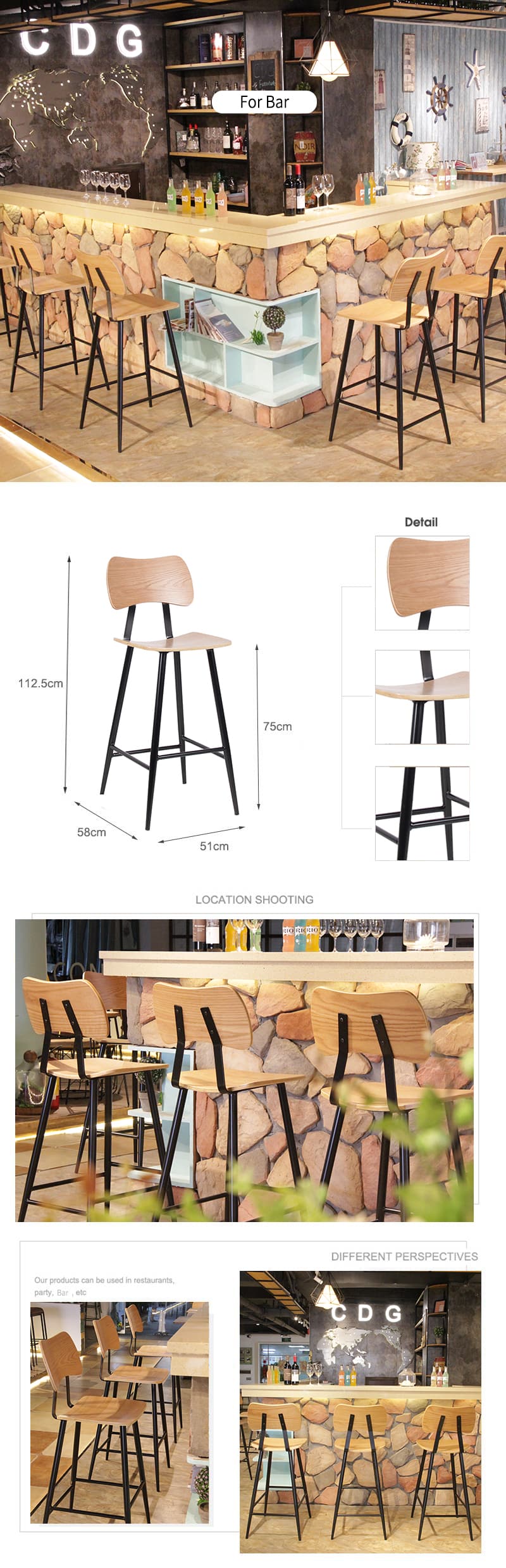 Nordic Tall Pub Household Kitchen Counter Wooden Seat Cocktail Bar Chair 741-H75-STW (1)
