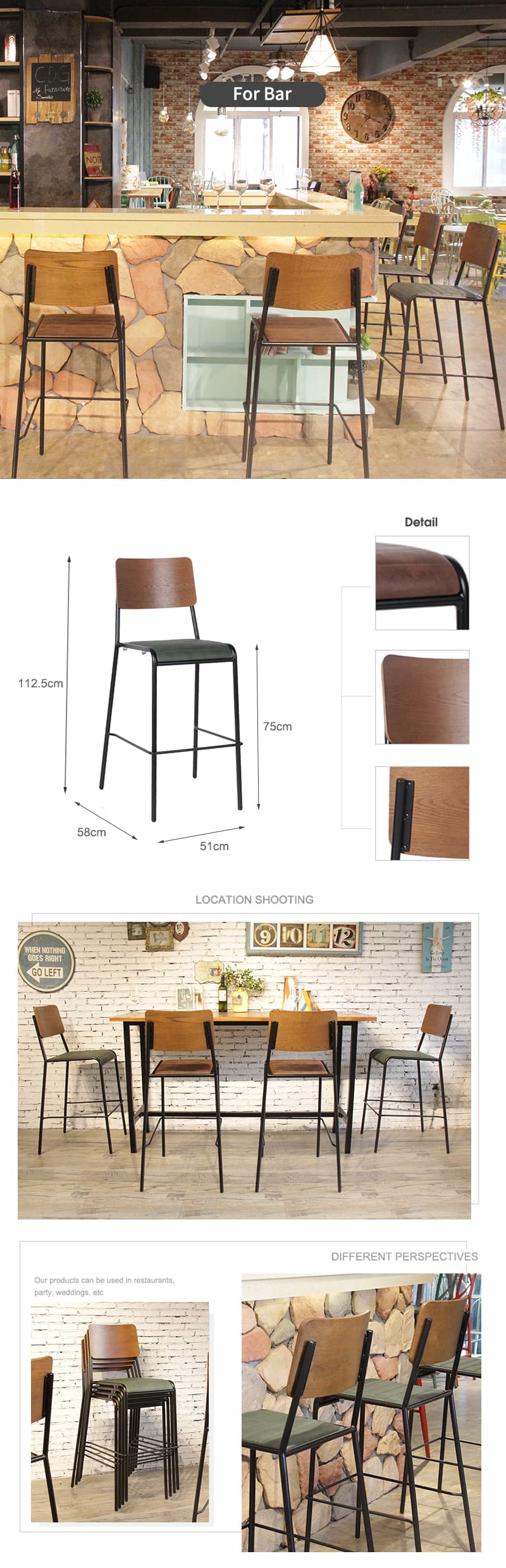 Industrial Antique Bistro High-End Pu Leather Upholstered Bar Chair 822-H75-STPU (2)