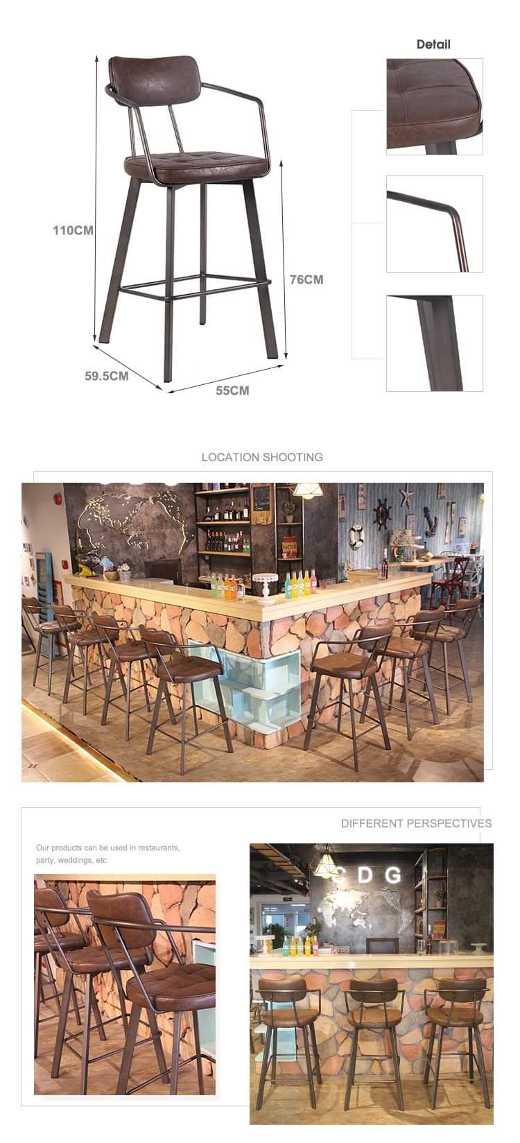 Vintige Bar Furniture Metal مسند للقدمين من جلد البولي يوريثان كرسي مرتفع 795M-H75-STPU
