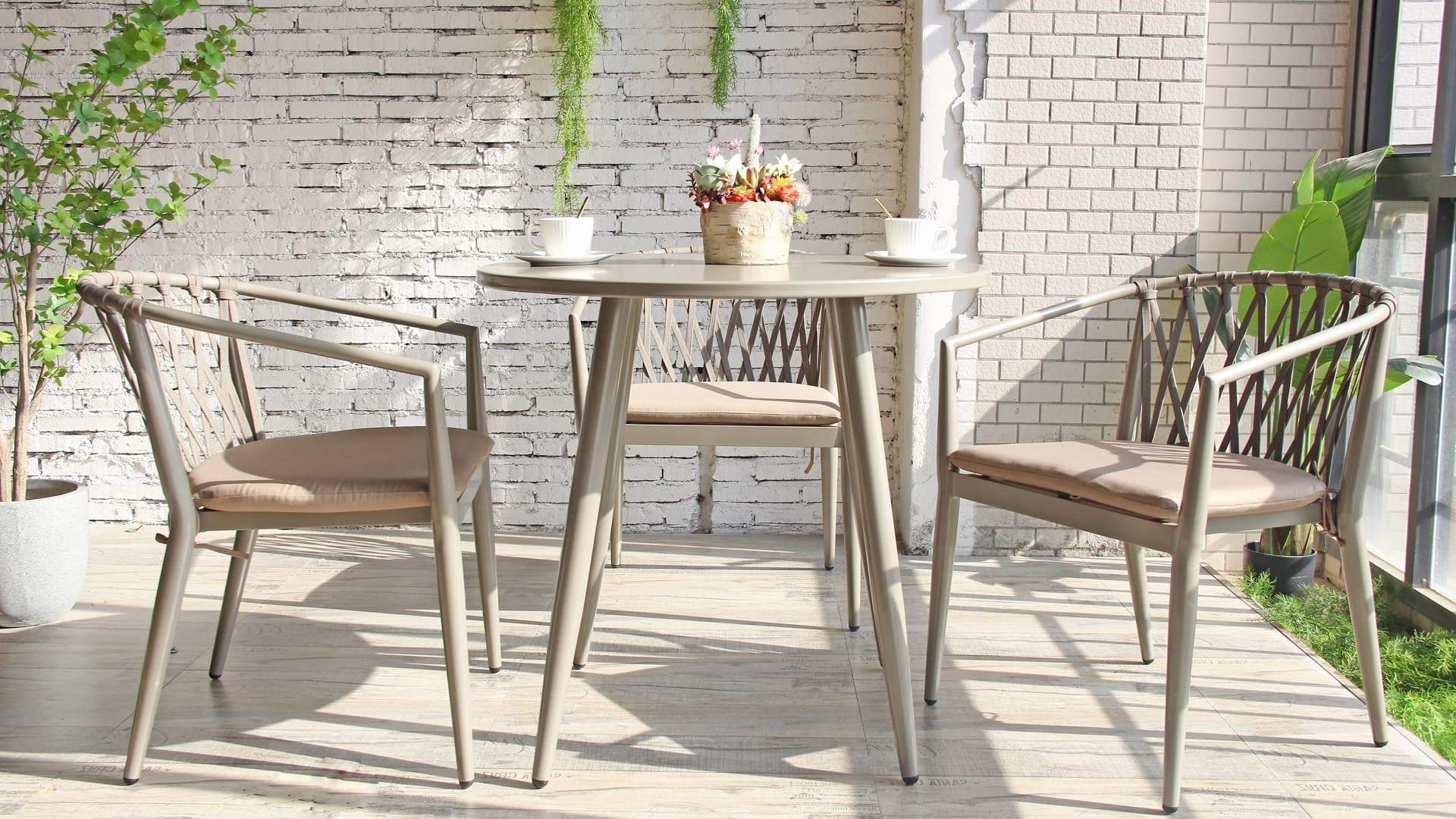 Silla de Patio de muebles de cuerda tejida apilable para restaurante de café al aire libre nórdico 318MS-H45-ALU-RO