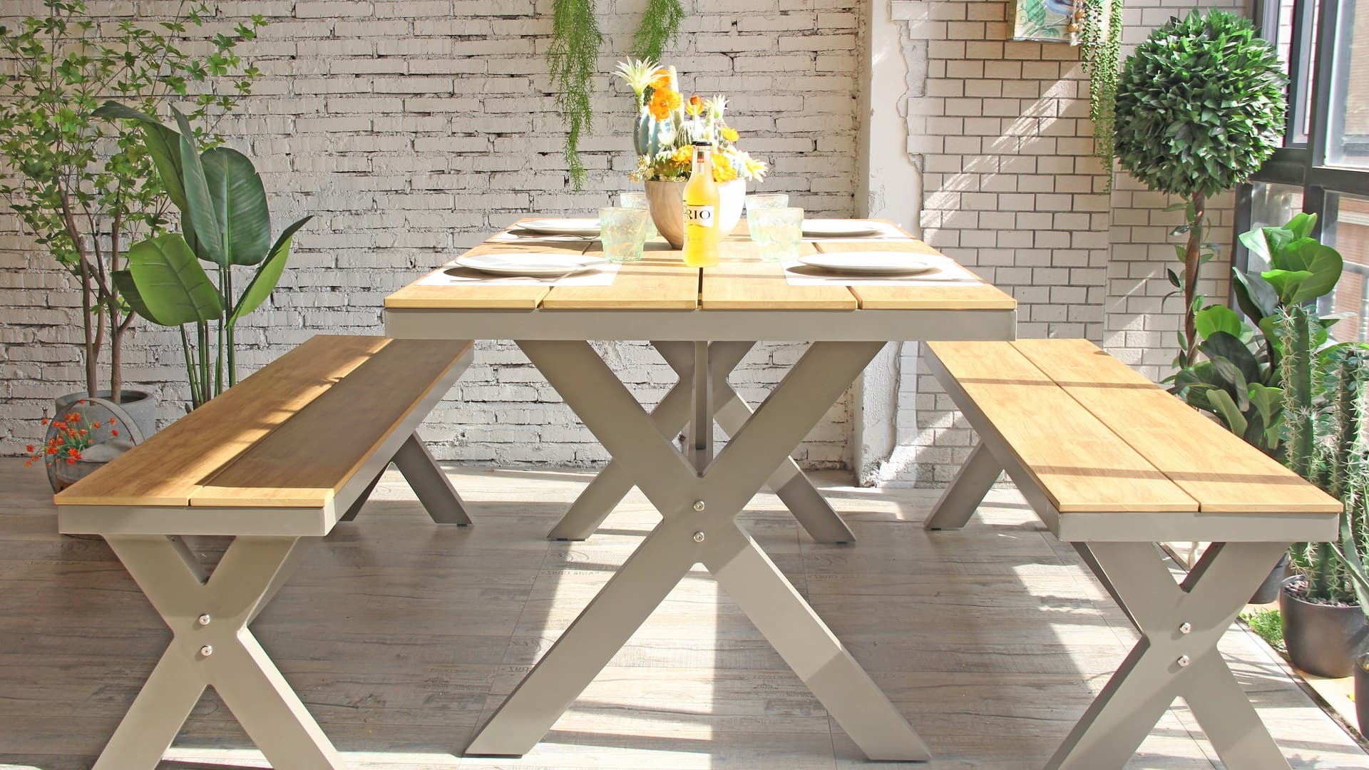 Courtyard Leisure Balcony Villa Long Tables And Bench Garden Sets