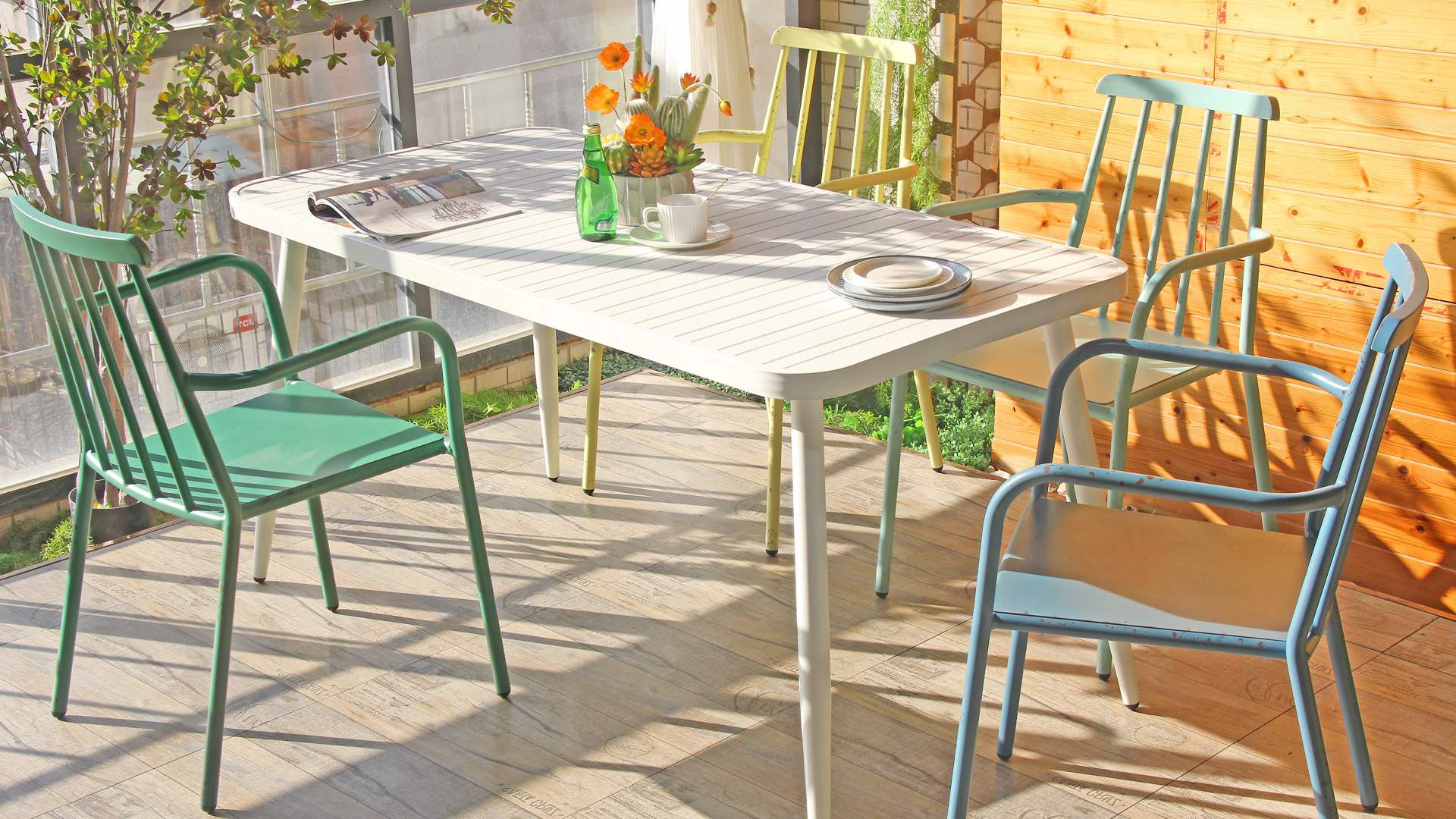 Juego de mesas y sillas al aire libre de jardín de patio trasero de balcón de patio de aluminio de ocio moderno