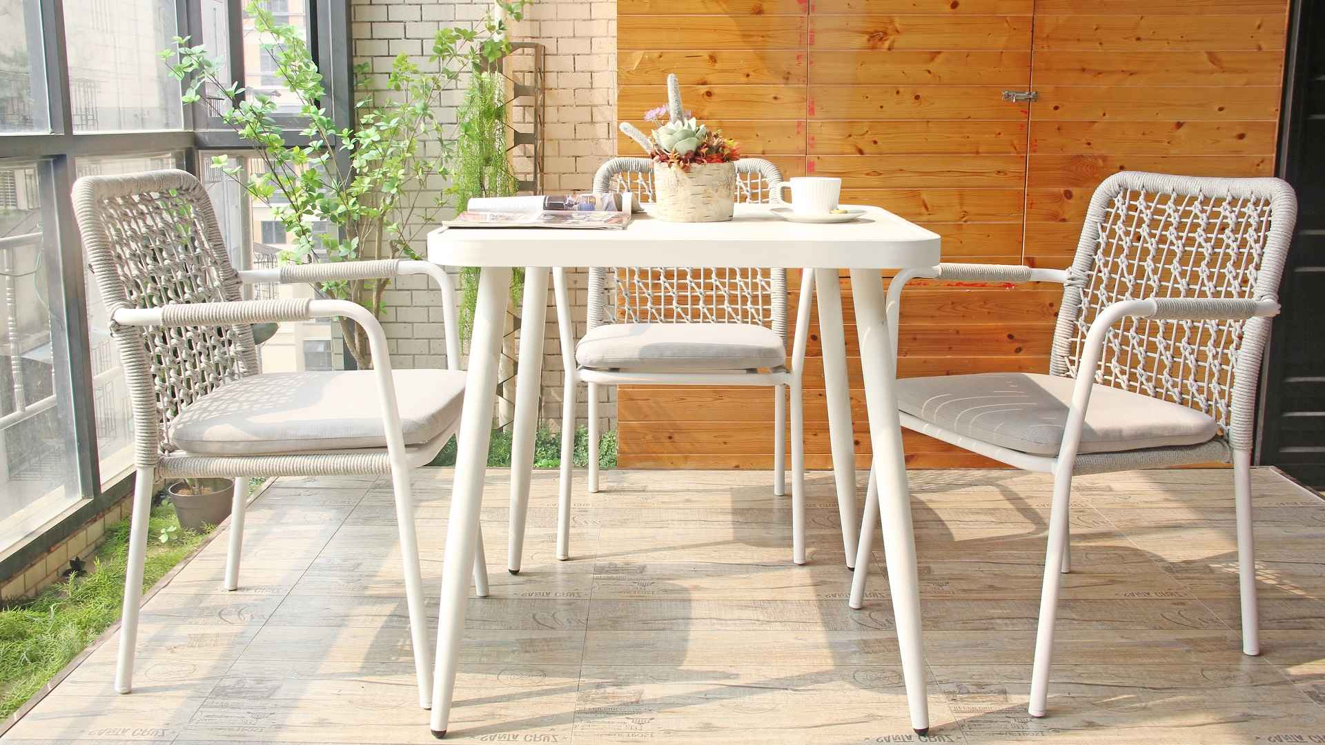 Bistro Cafe Terrace Porch Outside Net Backrest Stacking Wicker Woven Rope Chair 323MS-H45-ALU-ROFA