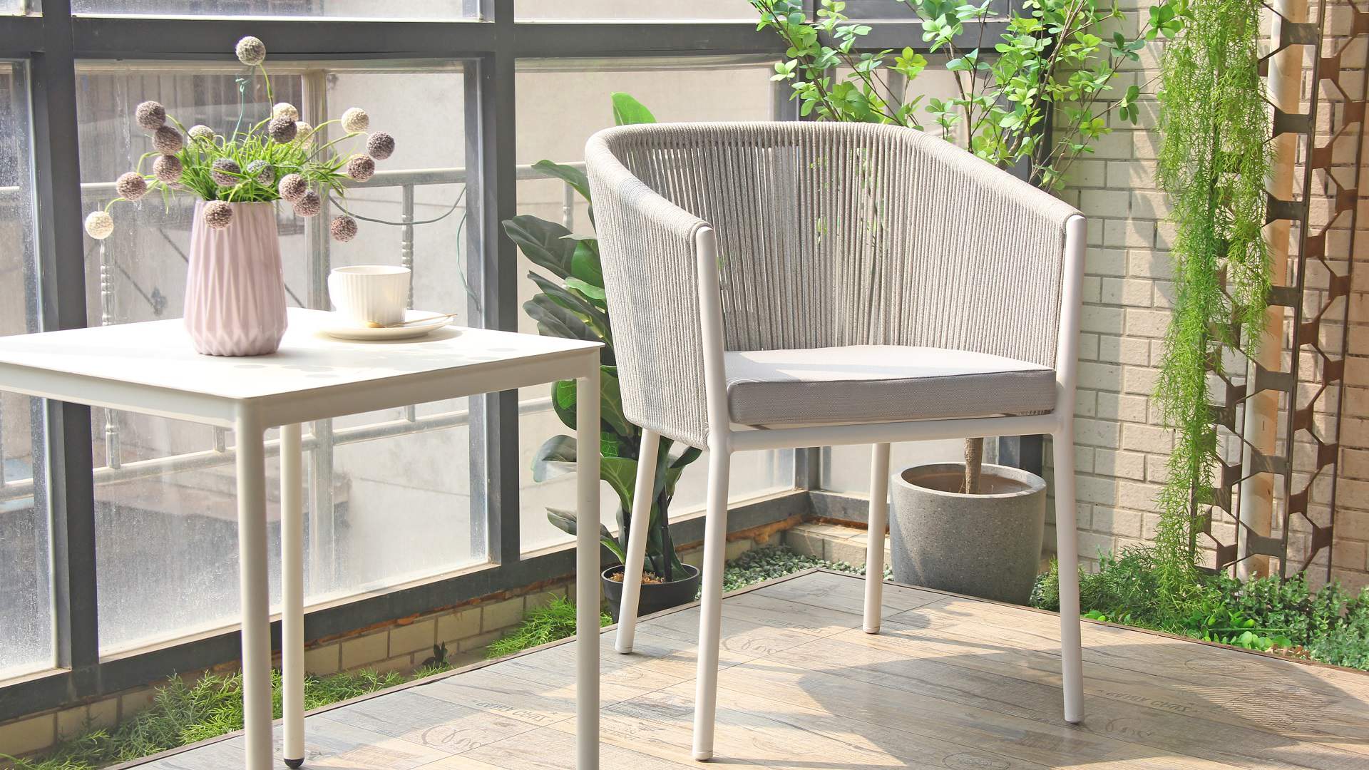 Fashionable Outdoor Cafe Bistro Rattan Rope Weave Armrest Garden Chair 325MS-H45-ALU-ROFA
