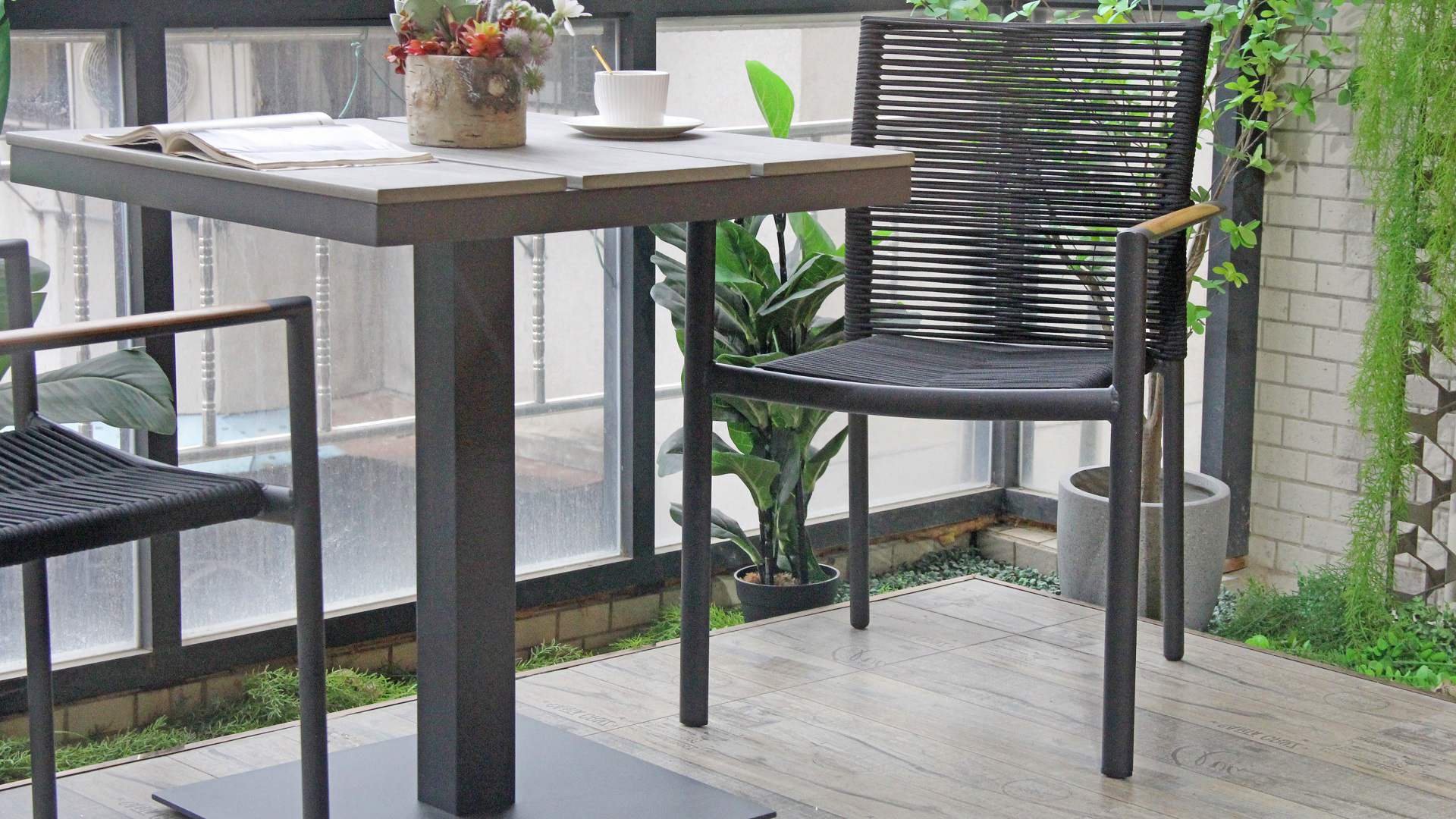 All Weather Rattan Wicker Woven Rope Terrace Bistro Coffee Outside Chair 330-331-332-MS-H45-ALU-RO
